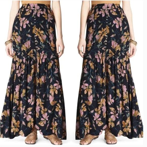 Free People Maxi Skirt Womens 2 Smooth Sailing Floral Front High Slit Button Up - Picture 3 of 13
